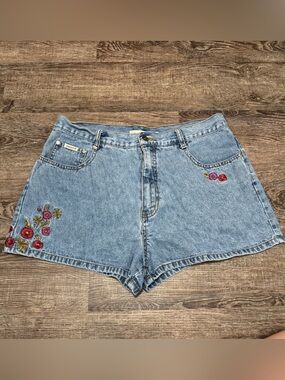 Zana Di Light Blue Vintage Boho Denim Shorts with Red & Pink Floral Embroidery